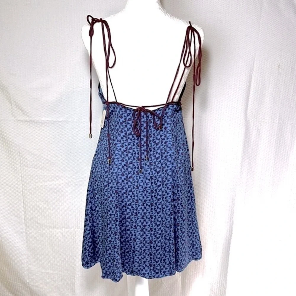 Free People Kai Print Tie Strap Blue and Brown Minidress - Size Medium, NWT